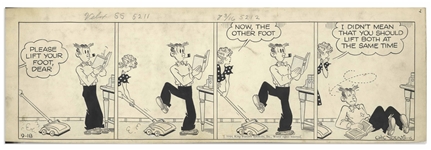Chic Young Hand-Drawn Blondie Comic Strip From 1944 Titled Not a Foot to Stand On! -- Dagwood Does a Dance With the Vacuum Cleaner